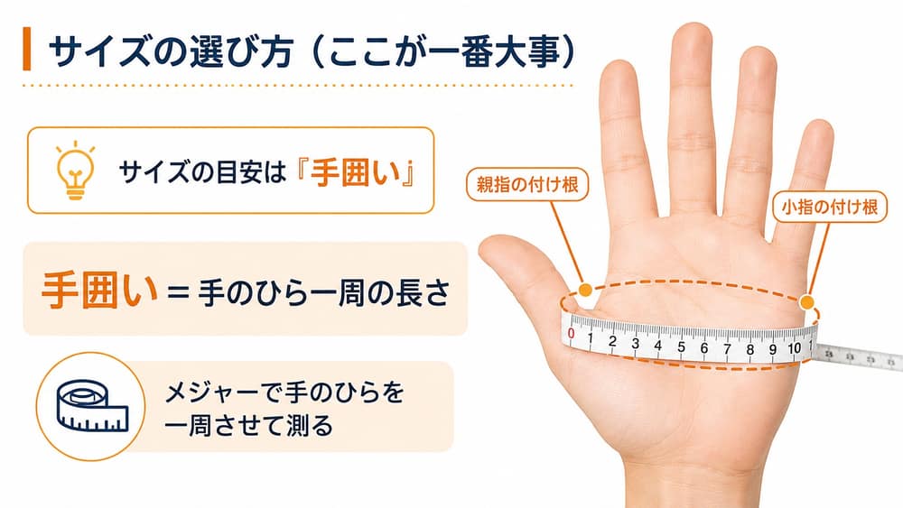 手囲いの測り方：親指の付け根と小指の付け根を通して手のひら一周をメジャーで測る